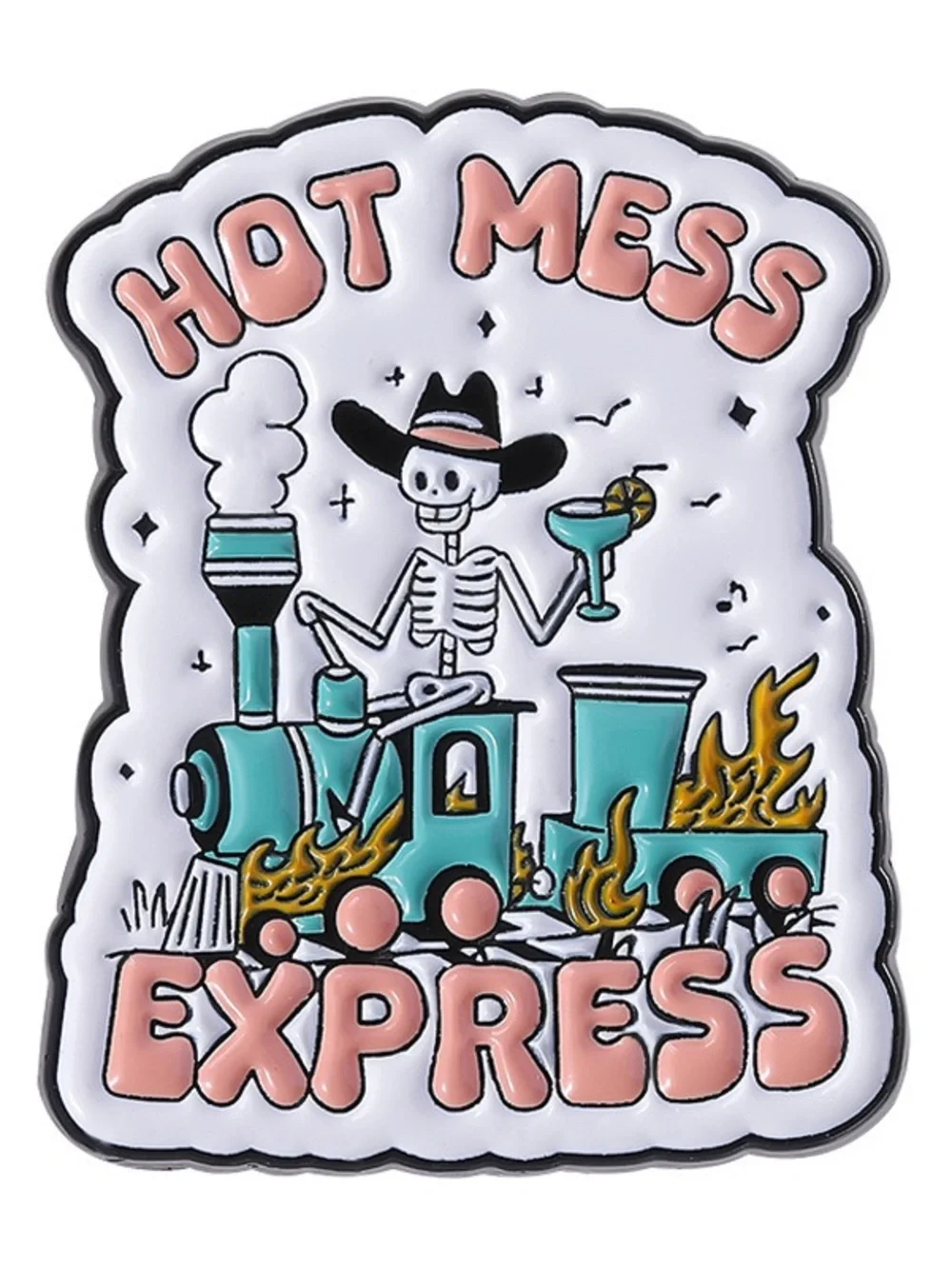 Hot Mess Express Enamel Pin | Funny Skeleton Cowboy Train Lapel Pin.
